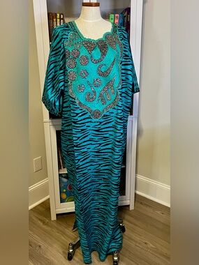 Embellished Teal Zebra-African Print Kaftan Maxi Dress
